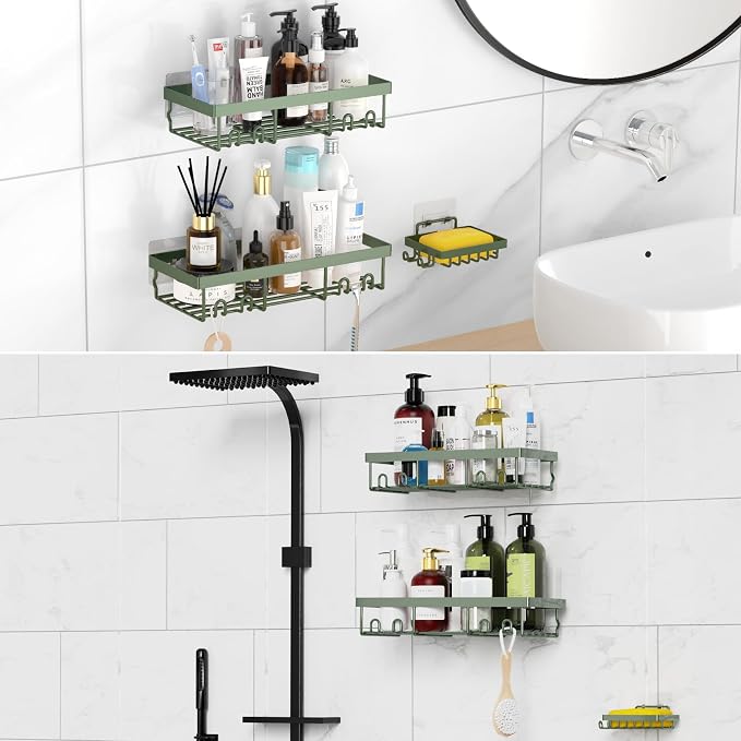 Moforoco 3-Pack Shower Caddy Basket Shelf with Soap Holder, No Drilling Traceless Adhesive Shower Wall Shelves, Rustproof Sage Green Bathroom Shower Storage Organizer