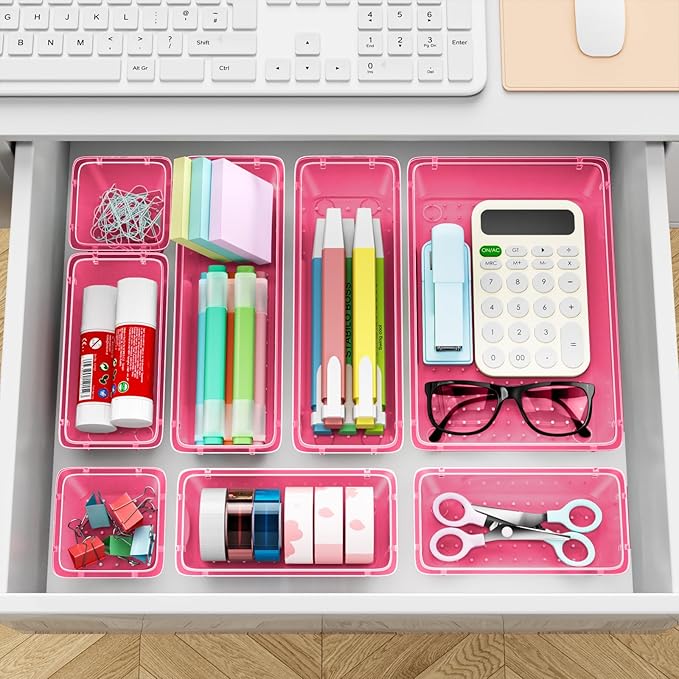 ElegantArray 12 PCS Drawer Organizer Set, 4 Sizes Tool Storage Trays, Clear Plastic Makeup Vanity Organizer and Storage Bins for Stationeries, Multiple Gadgets for Office, Bedroom, Pink