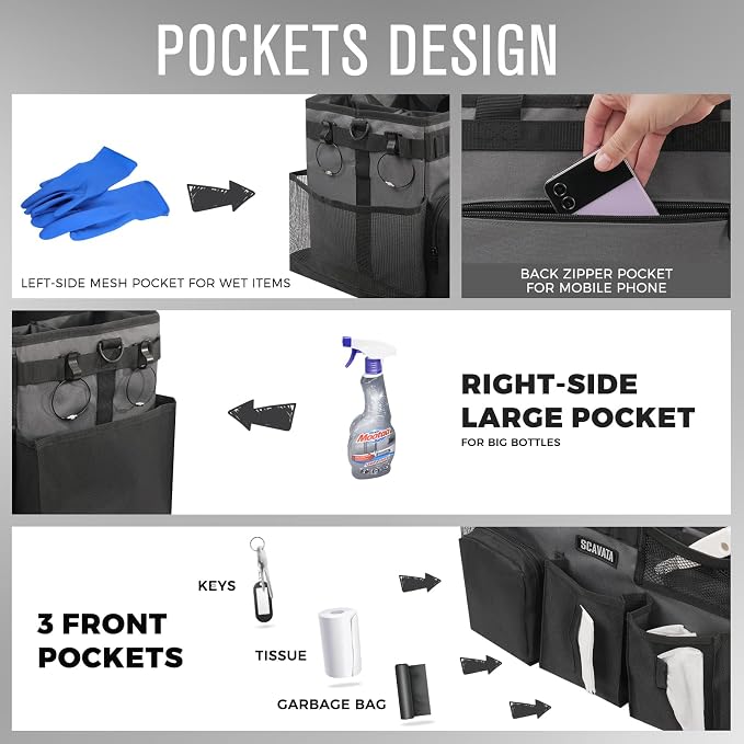 SCAVATA Wearable Cleaning Caddy Bag, Cleaning Caddy Supplies Organizer with Handle & Shoulder Straps for Housekeepers, Under Sink & Car Cleaning Tool Organizers with 4 Foldable Divider (GraphiteGrey)