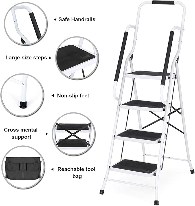 Wiberwi 4 Step Ladder with Handrails 500 lb Capacity Step Stool Folding Portable Ladders for Home Kitchen Steel Frame with Non-Slip Wide Pedal Stepladder with Attachable Tool Bag White