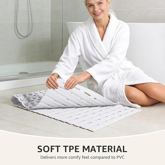 OTHWAY Non Slip Shower Mats, 36.6" x 16.9" Shower Mats for Inside Shower, Soft TPE Bath Mat for Tub Non Slip, Anti Slip Shower Floor Mat with Suction Cups, Machine Washable Shower Stall Mat, White