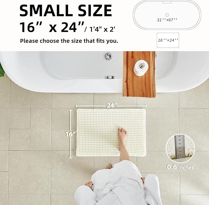 TYUU Cream White Bathroom Rugs, Waffle Bath Mat Non Slip Washable Super Absorbent Quick Dry Boho Farmhouse Bathroom Decor, 24"x16" Cream White