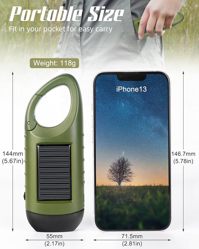 SEANCHEER Hand Crank Solar Powered Flashlights,Compact Emergency USB Rechargeable LED Flashlight Handheld Survival Flashlight,Quick Snap Carbiner Dynamo Flashlight for Outdoor,Sports,Hiking-Green