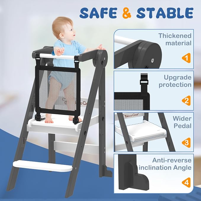 Foldable Toddler Tower, Toddler Kitchen Stool Helper with Safety Net, Wooden Kitchen Step Stool for Toddlers with Adjustable Height, Standing Tower for Learning and Cooking(Blue)