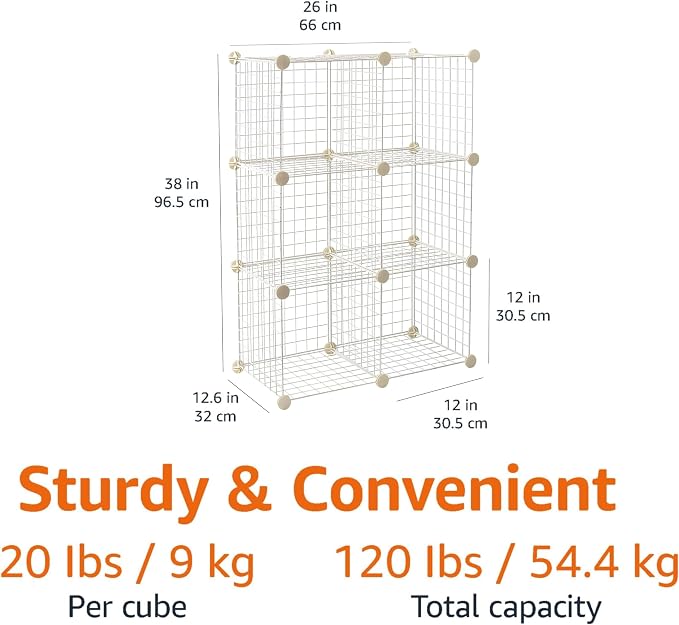 Amazon Basics Cube Wire Grid, 6-Cube, 12 x 12-Inches, White | Stackable, Storage Shelves