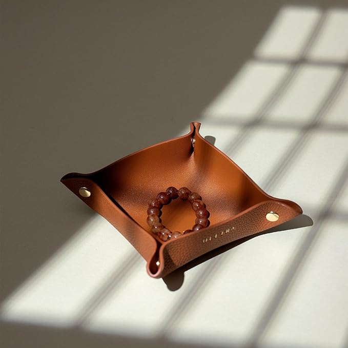 OLETHA Small Foldable Valet Tray - Aesthetic Desk Organizer for Home, Office & Travel - Portable Catch All Bowl for Keys, Jewelry & Essentials - Brown