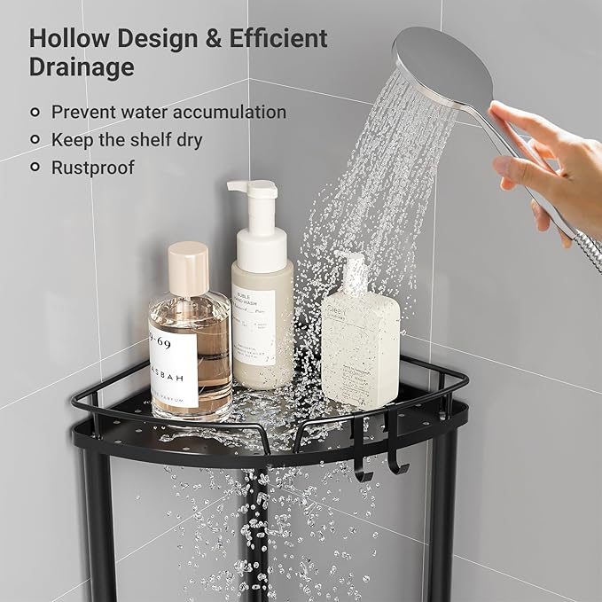 ELYKEN Corner Shower Caddy Standing, 3 Tier Rustproof Metal Shower Organizer with Soap Holder, Floor Shower Corner Shelf Rack Storage Stands with Adjustable Feet & 2 Hooks for Bathroom, Black