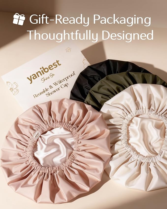 Yanibest Satin Lined Shower Cap for Women Reusable Waterproof, Frizz Free & Large Bath Cap with Soft Elastic Band, Luxury Hair Protection Caps (Peachy Pink)