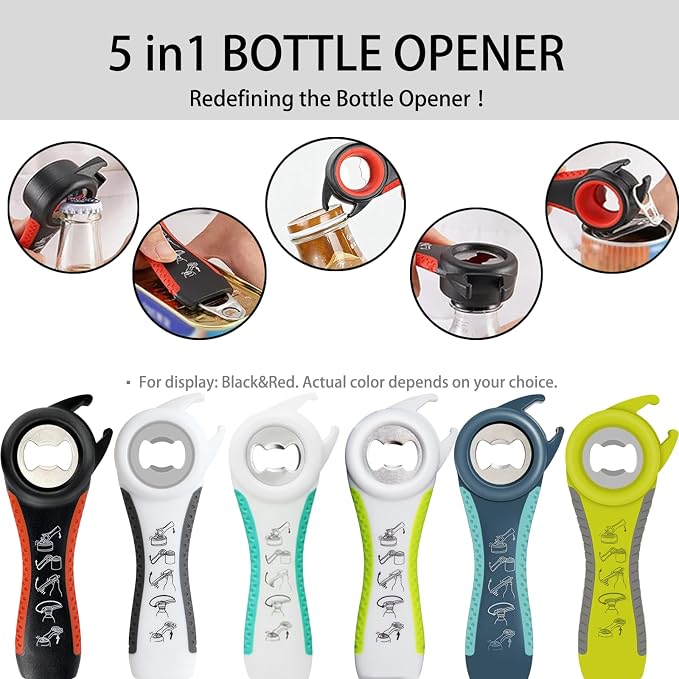 Openers Bundle - 6-Piece Openers Set for Weak Hands - Heavy Duty Stainless Steel Manual Can Opener, 5-in-1 Bottle Opener, Corkscrew & Silicone Grippers - Kitchen Gadgets for Seniors & Arthritis