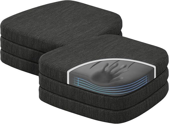 baibu Kitchen Chair Cushions Set of 6, Dual-Layer Patented Design Memory Foam Dining Chair Pads with Ties and Washable Cover, 6 Pack, 17" x 16" x 2", Black
