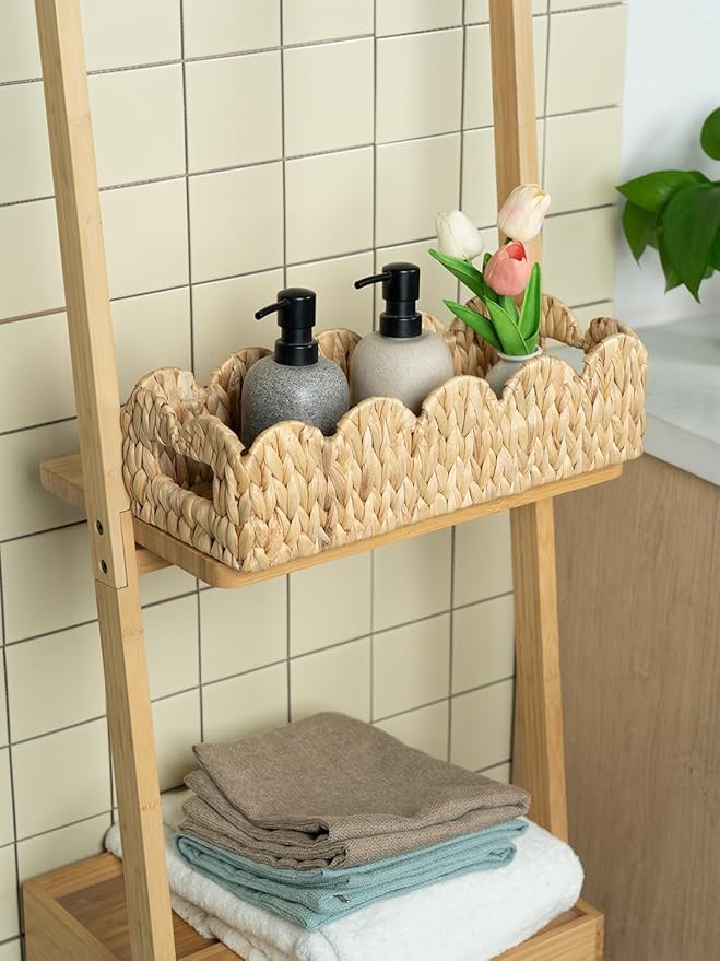 Coeusy 2 Pack Toilet Baskets,Scalloped Edge Wicker Basket for Toilet Paper Storage,Small Baskets for Bathroom,Living Room,Countertop,Shelves,Both Organizer & Decor,Natural Water Hyacinth