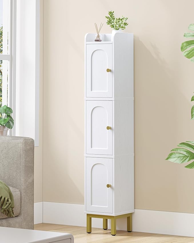 Hzuaneri Slim Bathroom Storage Cabinet, Narrow Bathroom Organizers and Storage with 4 Adjustable Feet, Laundry Room Organization for Small Space, Kitchen, Living Room, 3 Doors White BC22313G