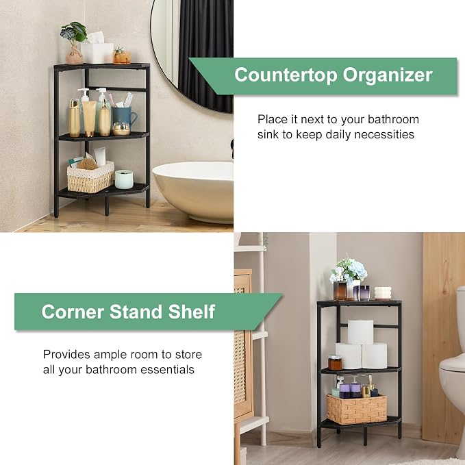 Under Pedestal Sink Shelf 2 Pack Corner Shelf Stand for Bathroom Pedestal Under Sink Storage Rack Under Vanity Storage Organizers Bathroom Storage Corner Shelves Toilet Storage Holder, Black