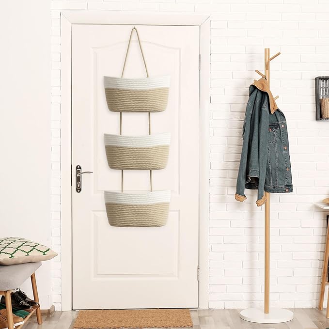 TeoKJ Over the Door Hanging Basket, 3-Tier Woven Cotton Wall-Mounted Storage Organizer Bag Decorative Hanging Nursery Baskets, White & Jute