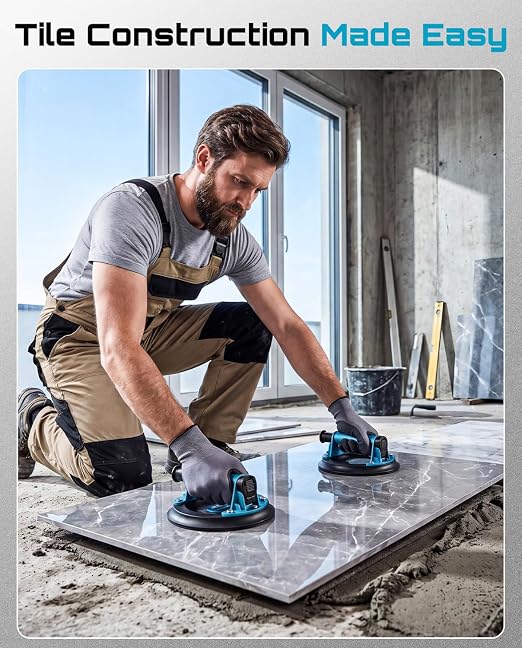 SEESII Suction Cups for Glass Lifting: 8" Tile Suction Cup Lifter with Handle and Pump, 200KG Load Capacity Heavy Duty Vacuum Lifter for Lifting Large Tile, Granite, Metal, Windows (2-Pack)