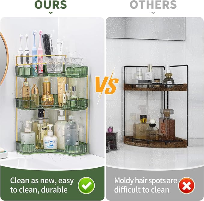 shuang qing Upgraded 3-Tier Corner Bathroom Countertop Organizer – Spacious Storage for Makeup, Skincare & Perfumes, Built-in Brush Holder Fits Vanity/Dresser/Bsthtub (Sage Green)