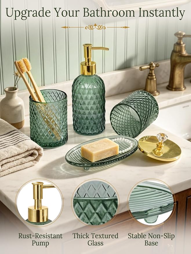Haturi Bathroom Accessories Set, 4Pcs Sage Green Glass Bathroom Set Complete w/Bathroom Soap Dispenser Set, Toothbrush Holder, Qtip Holder, Soap Dish, Green Bathroom Decor, Gift for Home Apartment