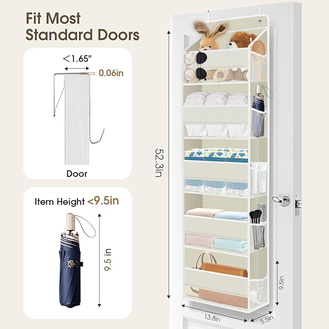 SpaceHacks 1 Pack Over The Door Organizer, Hanging Storage Organizer with Clear Window, 40lb Ultra Sturdy Large Capacity Room Organizer for Pantry Bathroom Nursery Closet Baby Essential (Beige)