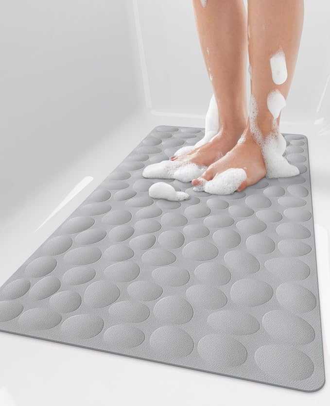 Bligli Bathtub Mat Non Slip, 16x40 inch Extra Long Bath Tub Mat with Strong Suction Cups, Soft Rubber Bathroom Floor Mat, Machine Washable, 100% BPA Free (Grey)