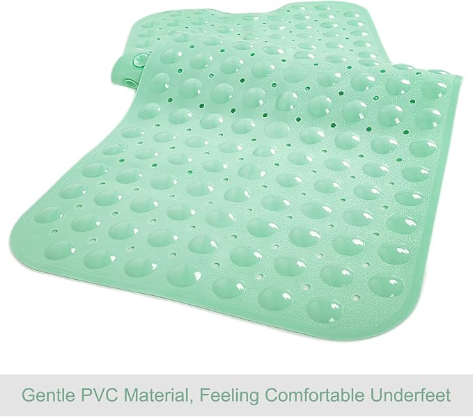 TEESHLY Bath Tub and Shower Mats, Non-Slip 39 x 16 Inch Extra Long Bathtub Mat, Machine Washable BathMat with Drain Holes, Suction Cups for Bathroom (Opaque Pale Green)