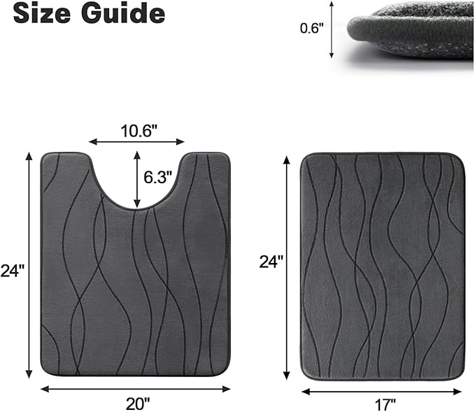 YIHOUSE Memory Foam Bathroom Rug Sets, Dark Grey, 2 Piece-U Shape Small Mat | Ultra Soft, Absorbent, Non-Slip, Machine Washable