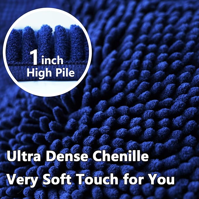 Bathroom Rugs Chenille 3-Piece Extra Soft and Absorbent Shag Bathroom Rugs, Machine Wash Mat, Strong PVC Non-Slip Underside, Plush Carpet Mats (Navy Blue)