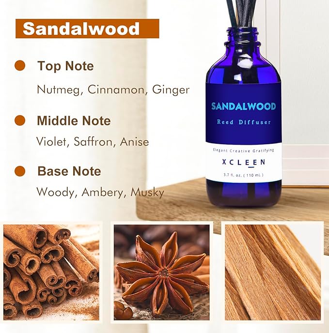 Xcleen Reed Diffuser Set with Sticks, Sandalwood Scented Oil Diffuser for Bathroom, Room Fresheners, Home Fragrance Bedroom Office Decor & Gift