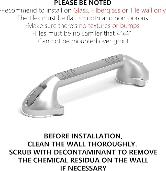 16.5inch Suction Bath Grab Bar with Indicators, Balance Assist Bathroom Shower Handle, Silver/Grey（Pack of 2）