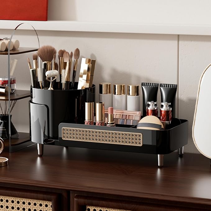 Booklov Rotating Makeup Caddy Organizer for Vanity, Large Capacity Cosmetic Display Case, Countertop Beauty Storage Holder for Skincare, Brush Eyeliner Lipstick, Counter Table Organization, Black