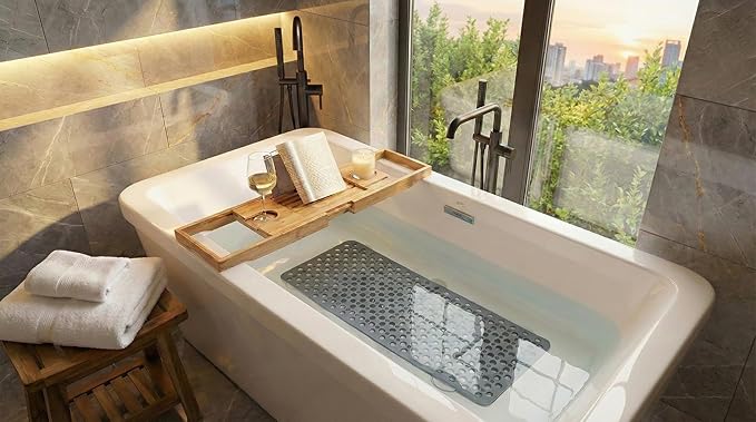 Nonslip Bathtub Mat Extra Soft TPE Bath Mat for Kids, Machine Washable Bathroom Shower Mat(Gray/ 30L x 17W Inch)