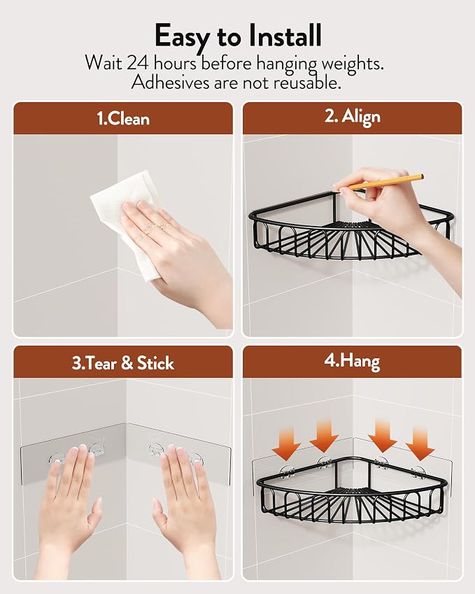 Orimade Corner Shower Caddy Stainless Steel with Hooks Wall Mounted Bathroom Shelf Storage Organizer Adhesive No Drilling 2 Pack, Black Only for 90-Degree Corner