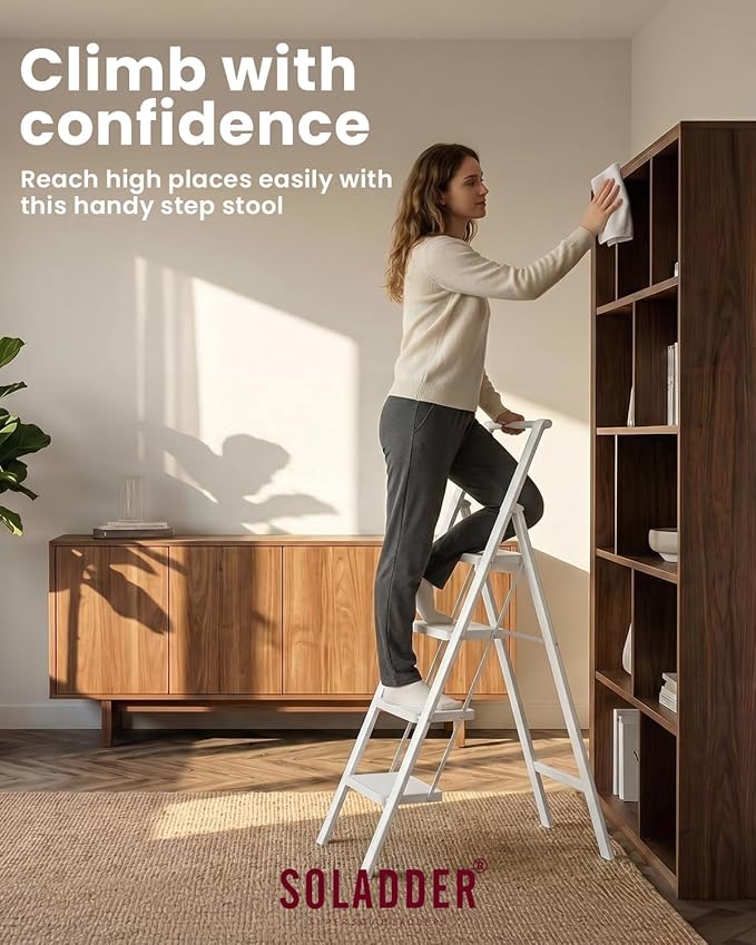 SOLADDER 4 Step Ladder with Handrails, Anti-Slip and Foldable Step Stool with Widen Pedals, Portable Stepladders for Home, Kitchen and Indoor, Space Saving -300lbs (White)
