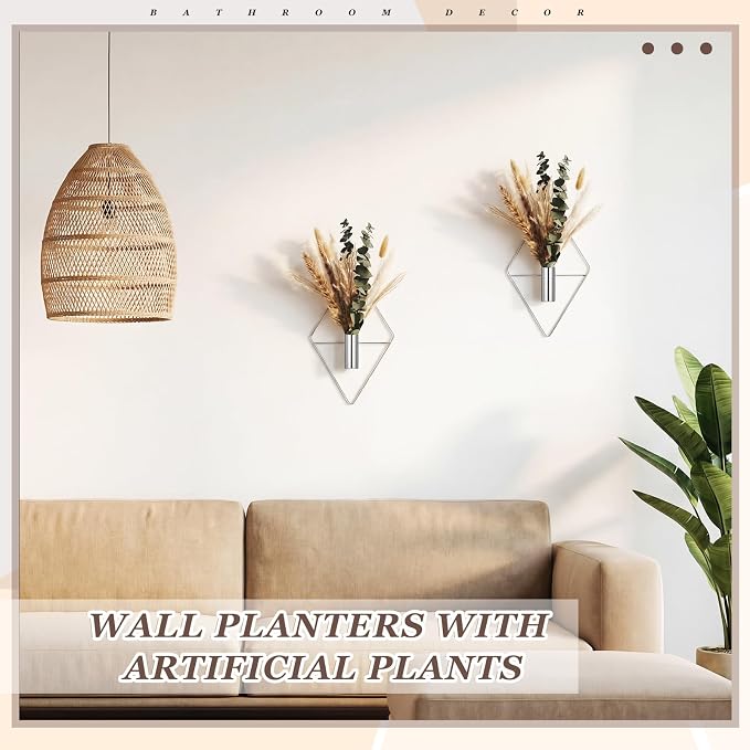 Jexine 4 Pcs Hanging Planters with Artificial Pampas Chrome Silver Metal Hanging Vase Indoor Plants Holder Modern Geometric Boho Bathroom Wall Decor for Living Room Home Office