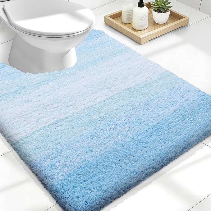 OLANLY Luxury Toilet Rugs U-Shaped 24x20, Extra Soft and Absorbent Microfiber Bathroom Rugs, Non-Slip Plush Shaggy Bath Mat, Machine Wash Dry, Contour Bathroom Mats for Toilet Base, Sky Blue