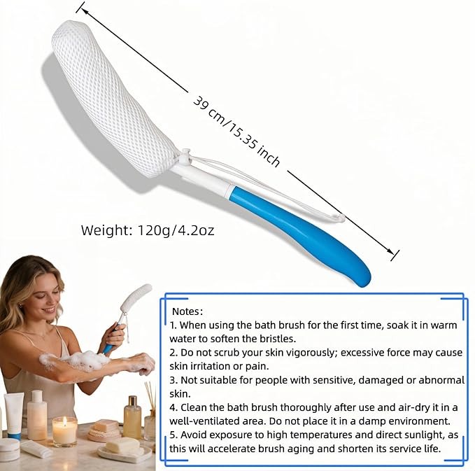 Long Handle Bath Brush for Elderly, Shower Scrubber for Back Exfoliation, Non-Slip Grip for Seniors & Pregnant Women, 15.35 Inch Body Scrubber for Effortless Independence, Blue