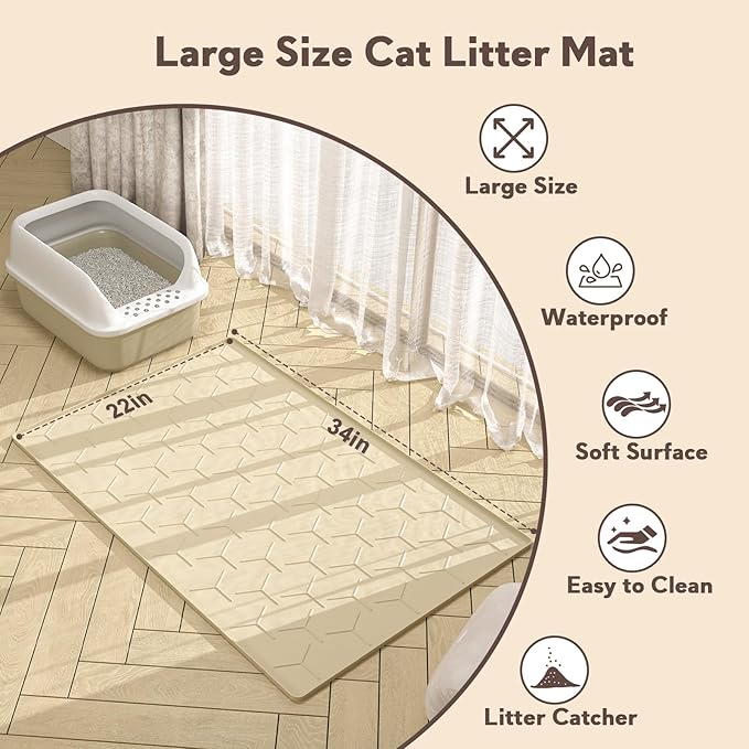 Garoopion Silicone Cat Litter Trapping Mat, Large Waterproof 34" X 22" Cat Litter Box Mat, Easy to Clean, Beige