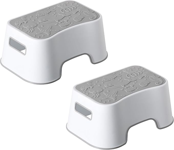 2 Pack Step Stool for Kids, Cute Sea Animals Toddler Kids Step Stool Stackable Non-Slip Safety Foot Stool for Kitchen Bathroom and Toilet Potty Training (Gray)