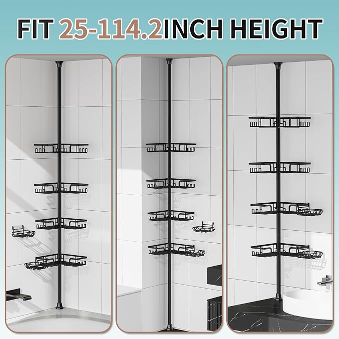 KEGII Shower Caddy Tension Pole, with 2-in-1 Soap Holders x 2 & 32 Hooks, Stainless Steel Adjustable Corner Shower Organizer for Bathroom, 25–114.2 Inches, Black