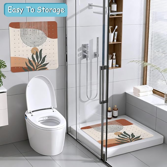 Leaves Square Anti Slip Shower Mats for Inside Shower Accessories, Boho Bath Mats for Bathroom Non Slip Shower Floor Mat Decor Rubber Bathmat with Suction and Drain Holes Machine Washable, 21″X21″