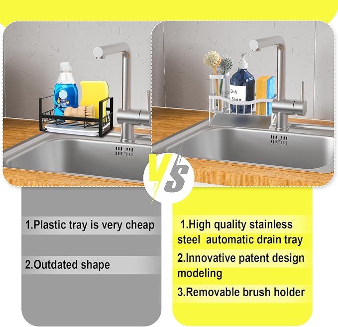 Maifan Sink Caddy Sponge Holder for Kitchen with Brush Holder and Stainless Steel Self Drain Tray, Rustproof Kitchen Sink Organizer for Sponge, Soap Dispenser Storage Accessories (Lacquer Silver)