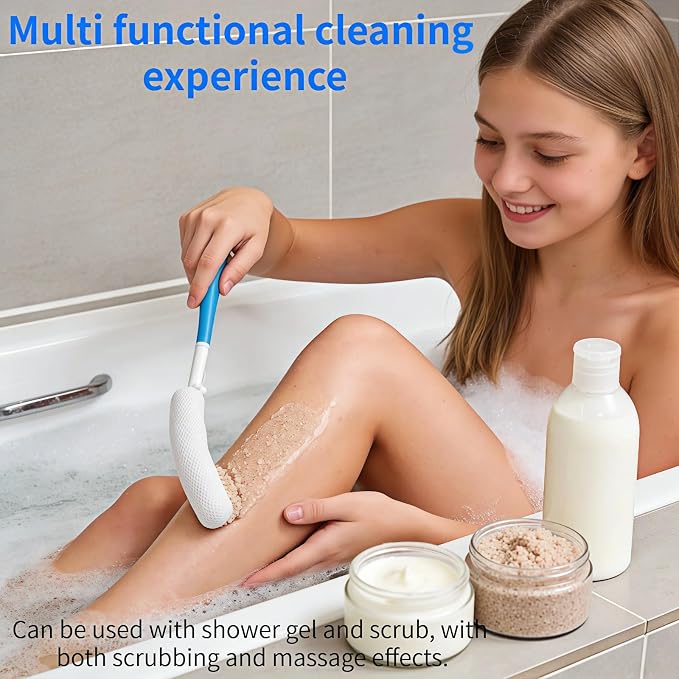 Long Handle Bath Brush for Elderly, Shower Scrubber for Back Exfoliation, Non-Slip Grip for Seniors & Pregnant Women, 15.35 Inch Body Scrubber for Effortless Independence, Blue
