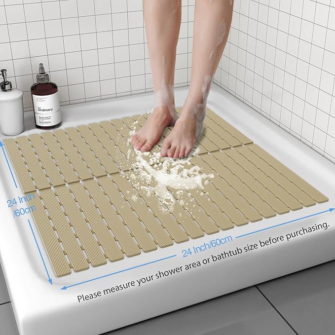 Shower Mat Non-Slip Bath Mat for Tub and Shower Stall,236 Suction Cups with Drain Holes, Quick Dry Machine Washable, Extra Grip for Stand Up Showers, Bathroom Essentials 24x24 Inch (Brown)