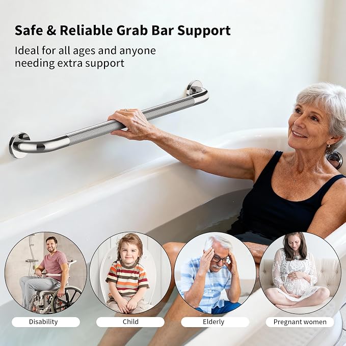 Chrome Bathroom Grab Bars 36 Inch, iHansee Anti Slip Grab Bar w/Knurled Grip, Stainless Steel Safety Handle for Bathtub, Wall Mounted Balance Support Handrail, Handicap Shower Bars for Senior Elderly