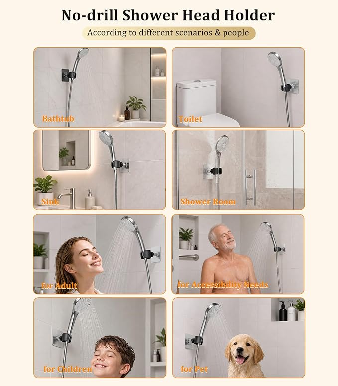 Adjustable Wall Mounted Shower Head Holder, Strong Adhesive & Drilling 2 Installation Methods, 360° Swivel Handheld Shower Wand Holder for RV Kids’ Bathroom Shower Accessories (Black