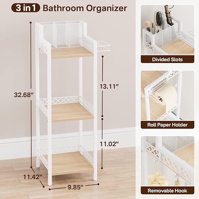 Slim Bathroom Storage Shelf Unit, 3 Tier Corner Storage, Rustic Makeup Organizer, Space-Saving Floor Standing Storage Shelves for Bathroom, Vanity,Kitchen, Laundry 9.85in Matte White