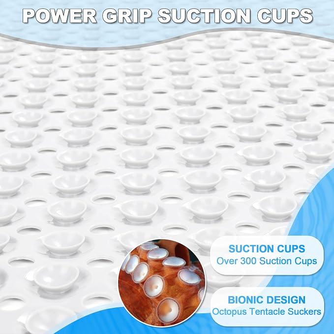 Bathtub and Shower Mats, 40x16 Inch Extra Large Non Slip Soft Bath Tub Mat with Suction Cups and Drain Holes for Bathroom Floor and Keep Tubs Clean, Machine Washable, White