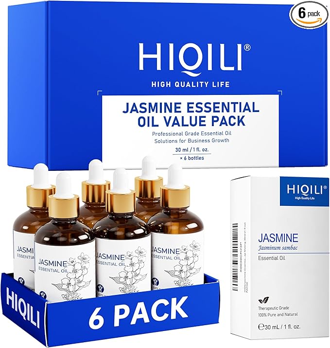 HIQILI Jasmine Essential Oil Set - 1 fl oz (6 Pack), 100% Pure Natural, Bulk Wholesale for Business, Skincare & Diffusing & DIY, for Spa & Sauna, Hotels & Homestays, Beauty Salons, Gift & Home Use