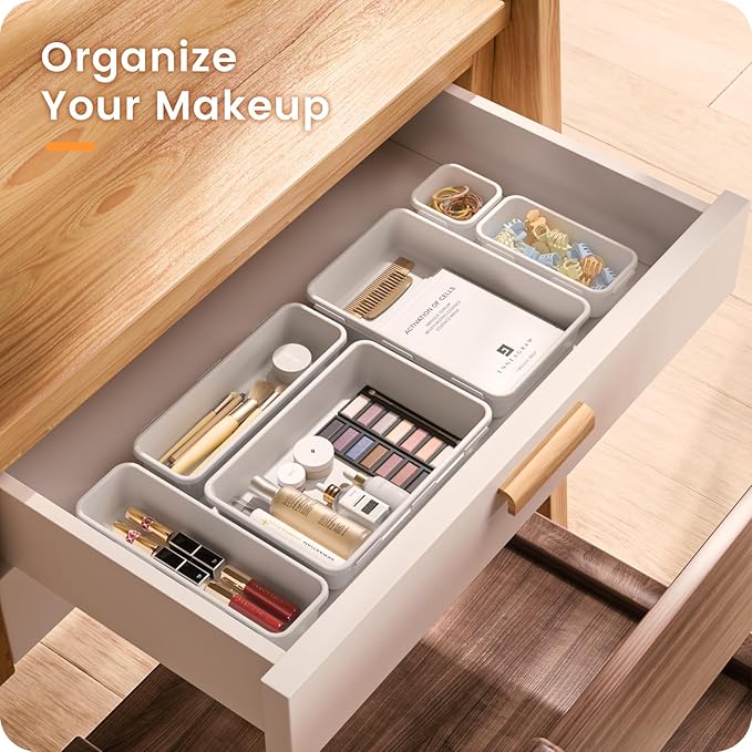 A-LuGei 【Military Grade】 Drawer Organizer, 【𝟱𝗦𝗶𝘇𝗲】 Makeup organizer, 【Holds 177 Items】 Bathroom Organizers and Storage, Organization and Storage, Desk Drawer Organizer for Vanity (White)