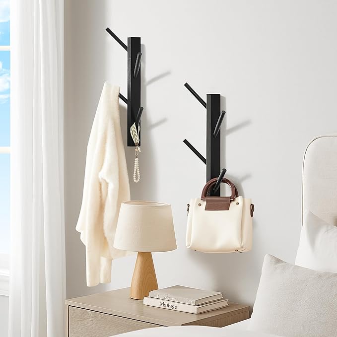 TIOPGHAD 2 Pack Small Vertical Coat Rack Wall Mount, Bamboo Coats Hooks Clothes Holder Hanger for Wall Coat Hat Jacket Clothing Bathroom Robes Entryway(Black)