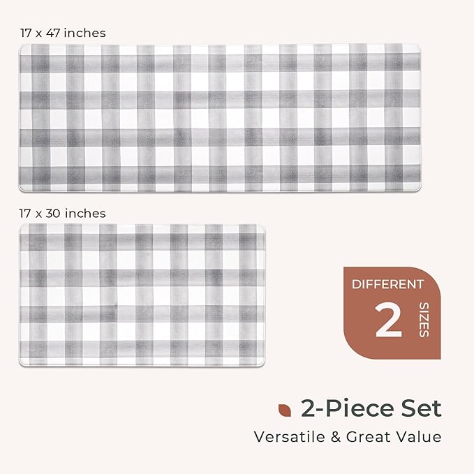 FRESHMINT Modern Farmhouse Plaid 2 Piece Set Kitchen Mats for Floor Anti Fatigue Waterproof & Non-Skid Kitchen Rugs Cushioned Kitchen Mat for Standing Washable Comfort Desk Kitchen Runners